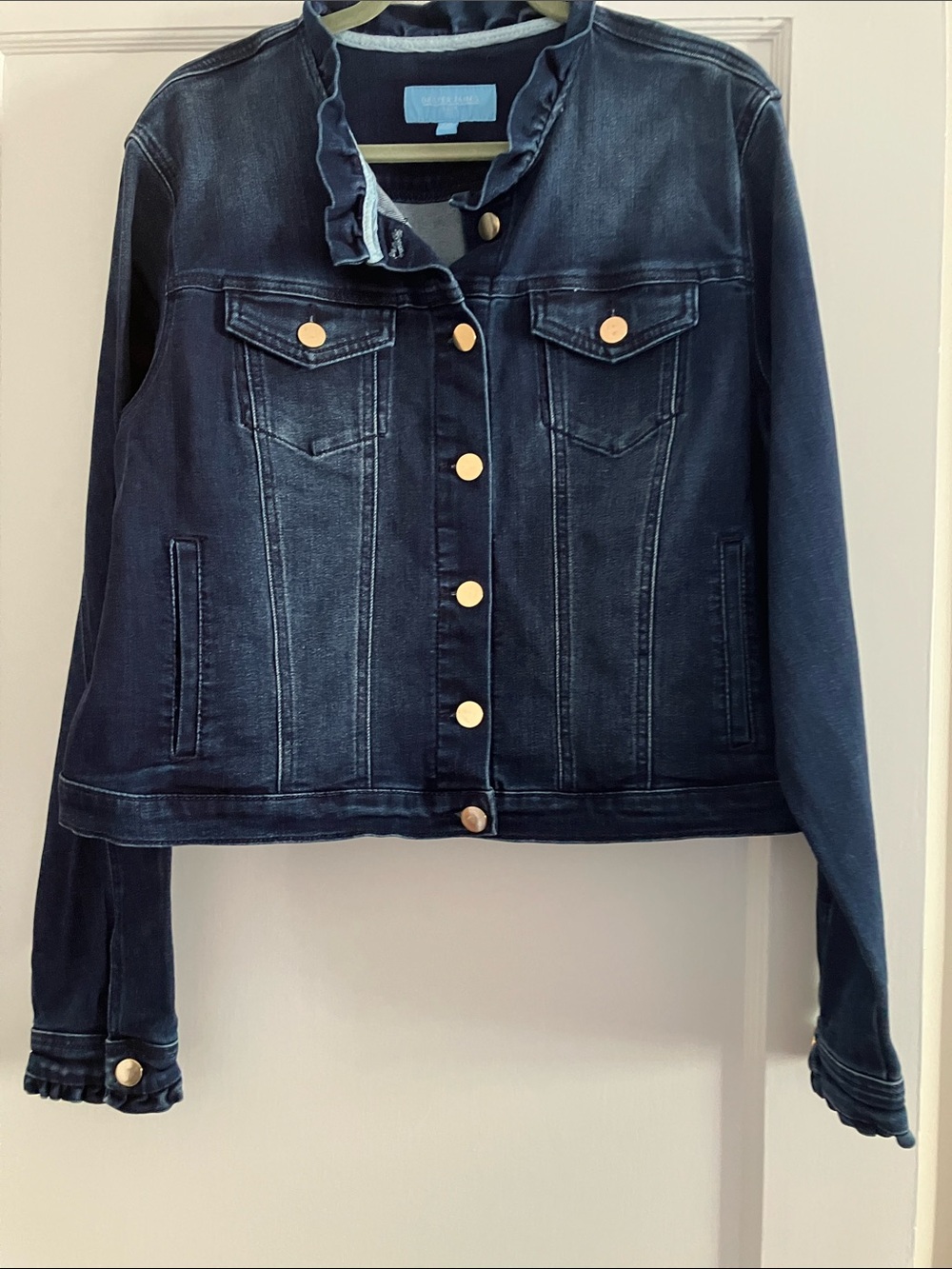 Draper James Navy Ruffled Collar Denim Jacket with Gold Buttons